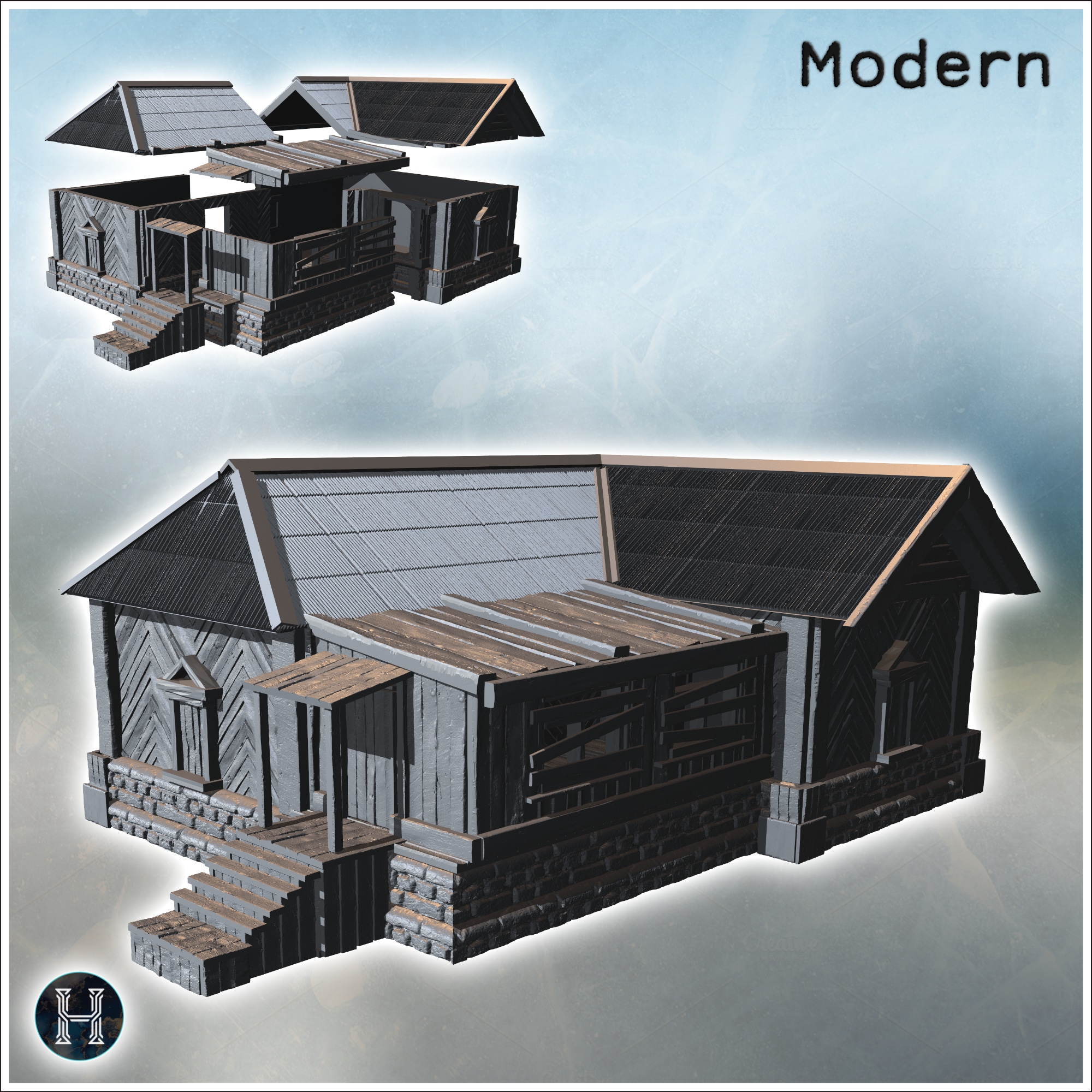 Large wooden building with a stone foundation, steps leading to the entrance (18) - Modern WW2 WW1 World War Diaroma Wargaming RPG Mini Hobby